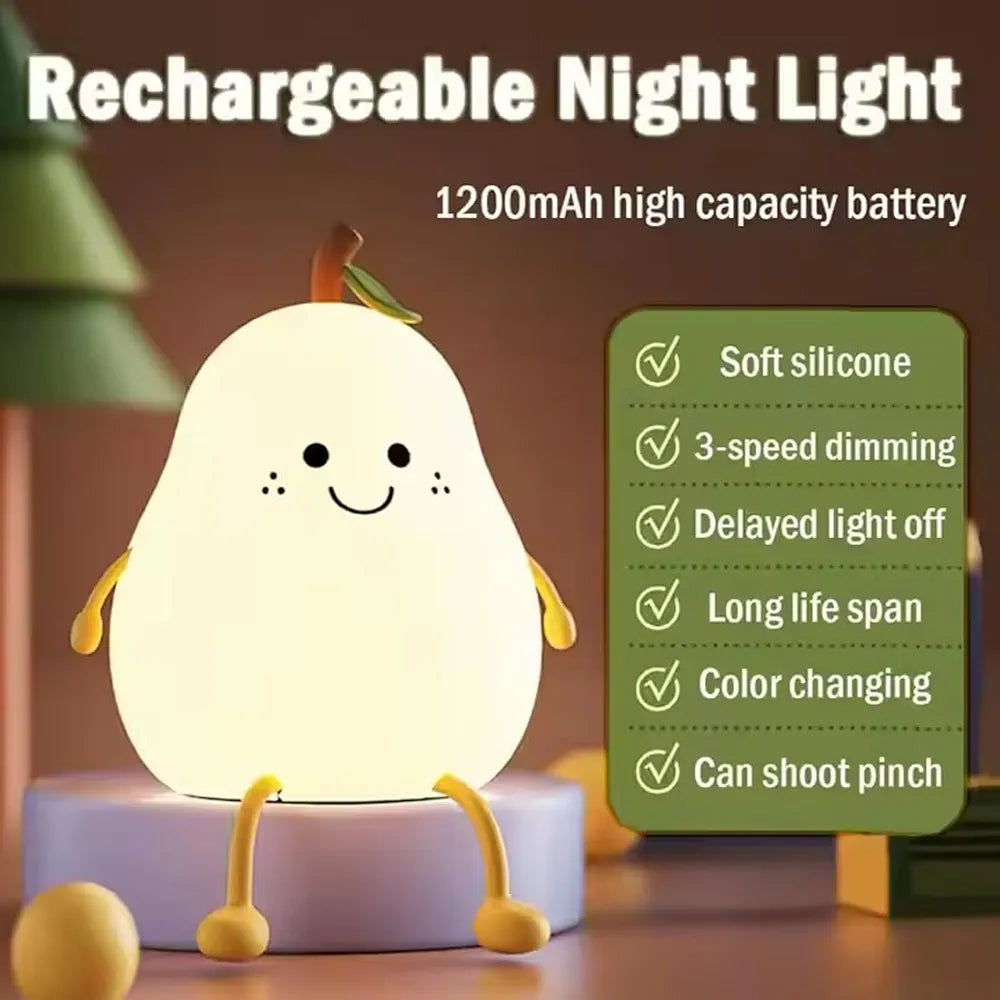 Imported USB Rechargeable Silicone Pear Shaped LED Night Light for Kids.