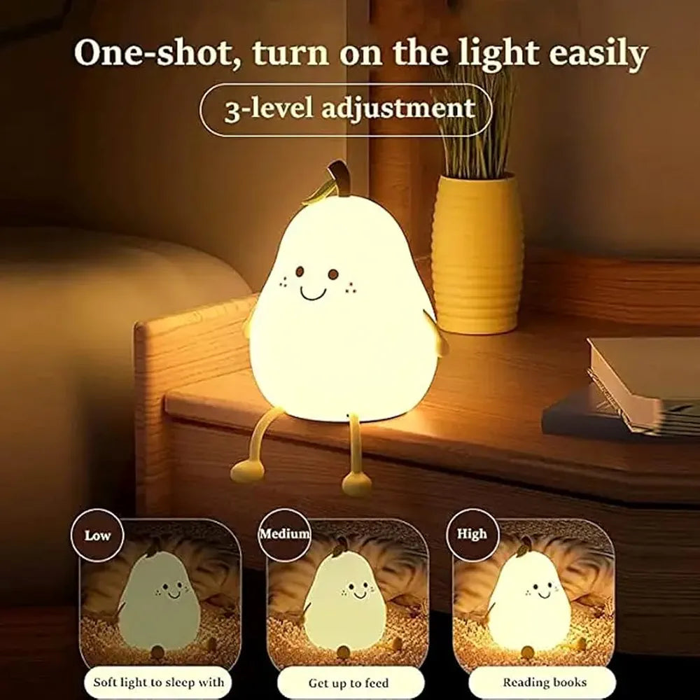 Imported USB Rechargeable Silicone Pear Shaped LED Night Light for Kids.